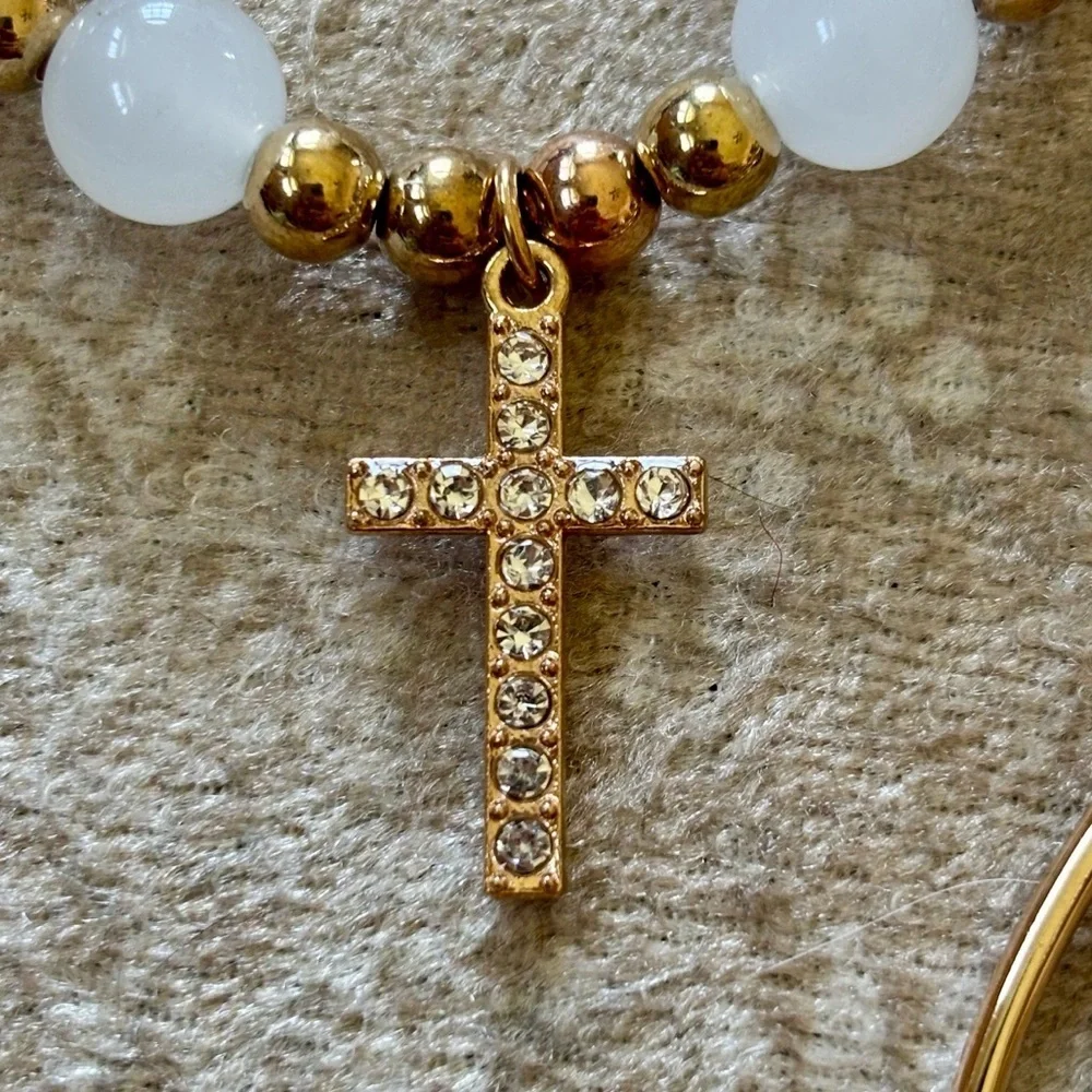 A New Day 3-Pack Gold Tone Hoop Earrings White Beaded Stretch Bracelet w/ Cross - Picture 5 of 11
